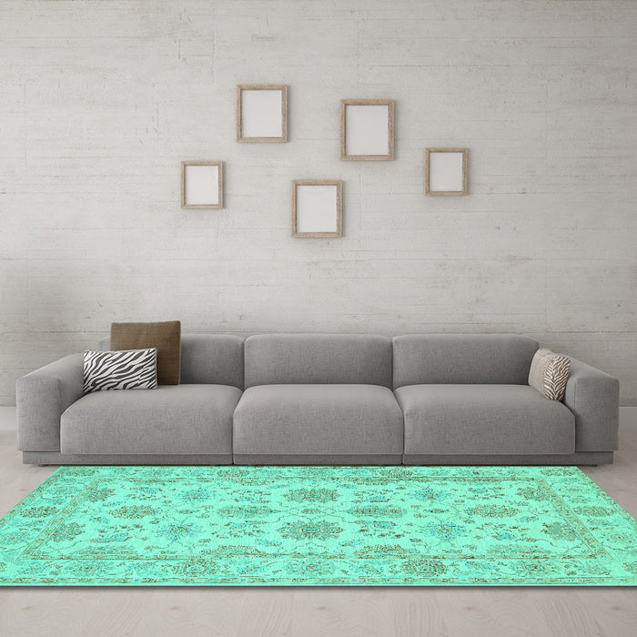 Machine Washable Oriental Turquoise Traditional Area Rugs in a Living Room,, wshtr1571turq