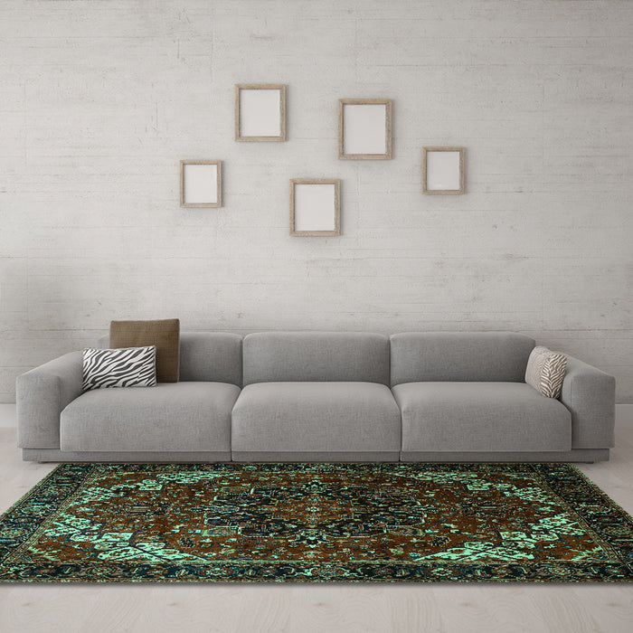 Machine Washable Persian Turquoise Traditional Area Rugs in a Living Room,, wshtr1573turq