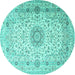 Round Machine Washable Medallion Turquoise Traditional Area Rugs, wshtr1574turq