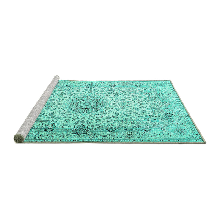 Sideview of Machine Washable Medallion Turquoise Traditional Area Rugs, wshtr1574turq