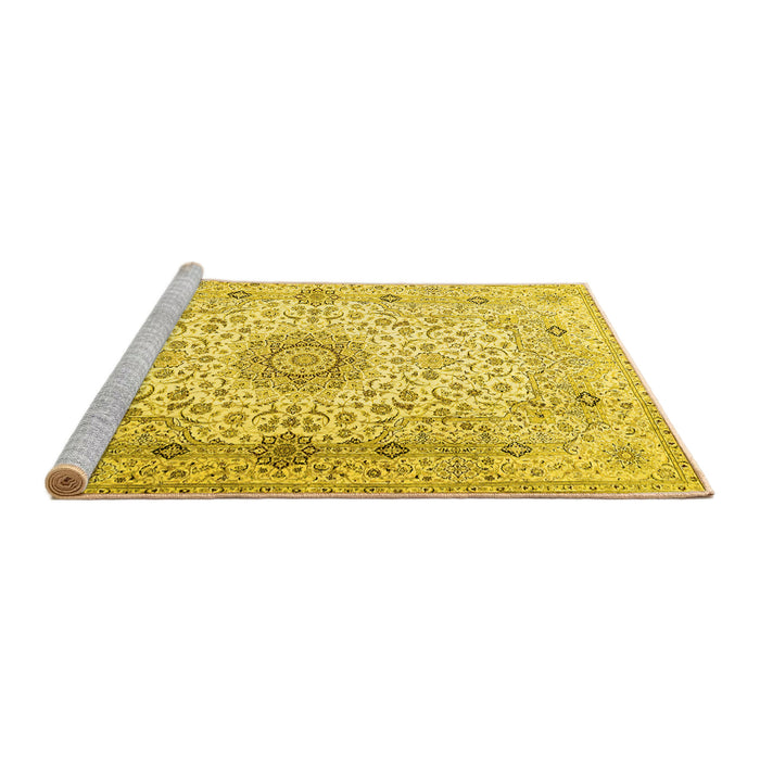 Sideview of Machine Washable Medallion Yellow Traditional Rug, wshtr1574yw