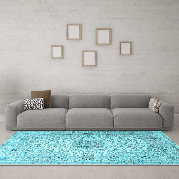Machine Washable Medallion Light Blue Traditional Rug in a Living Room, wshtr1574lblu