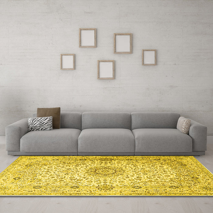 Machine Washable Medallion Yellow Traditional Rug in a Living Room, wshtr1574yw