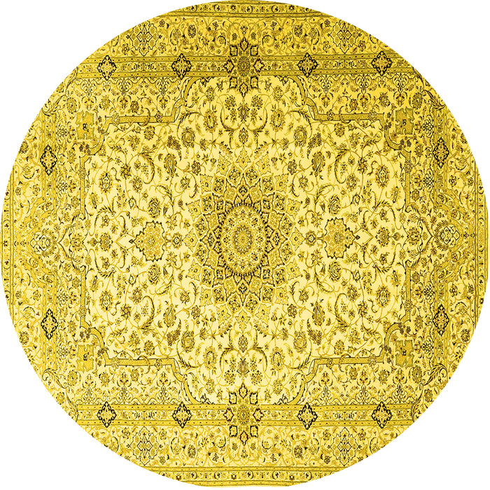 Round Machine Washable Medallion Yellow Traditional Rug, wshtr1574yw
