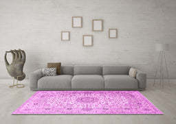 Machine Washable Medallion Pink Traditional Rug in a Living Room, wshtr1574pnk