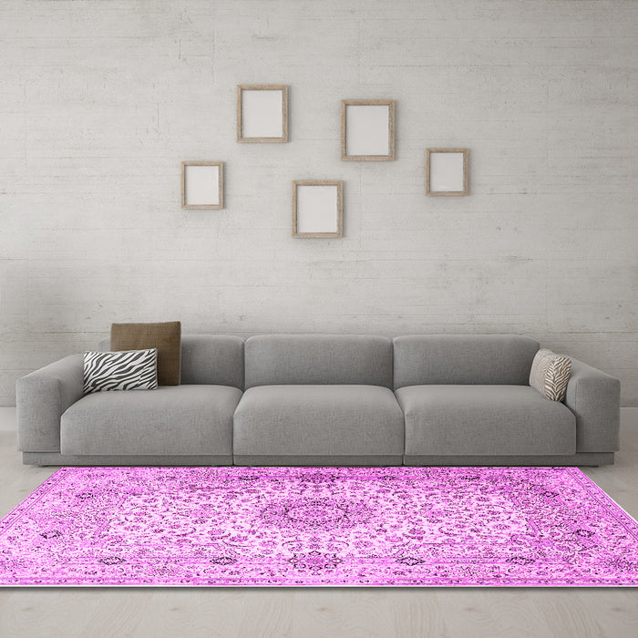 Machine Washable Medallion Pink Traditional Rug in a Living Room, wshtr1574pnk
