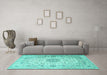 Machine Washable Medallion Turquoise Traditional Area Rugs in a Living Room,, wshtr1574turq