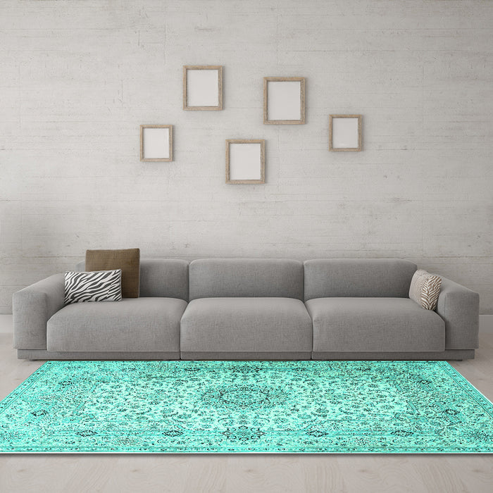 Machine Washable Medallion Turquoise Traditional Area Rugs in a Living Room,, wshtr1574turq