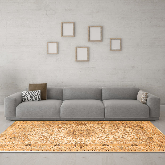 Machine Washable Medallion Orange Traditional Area Rugs in a Living Room, wshtr1574org