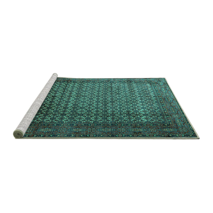 Sideview of Machine Washable Persian Turquoise Traditional Area Rugs, wshtr1575turq