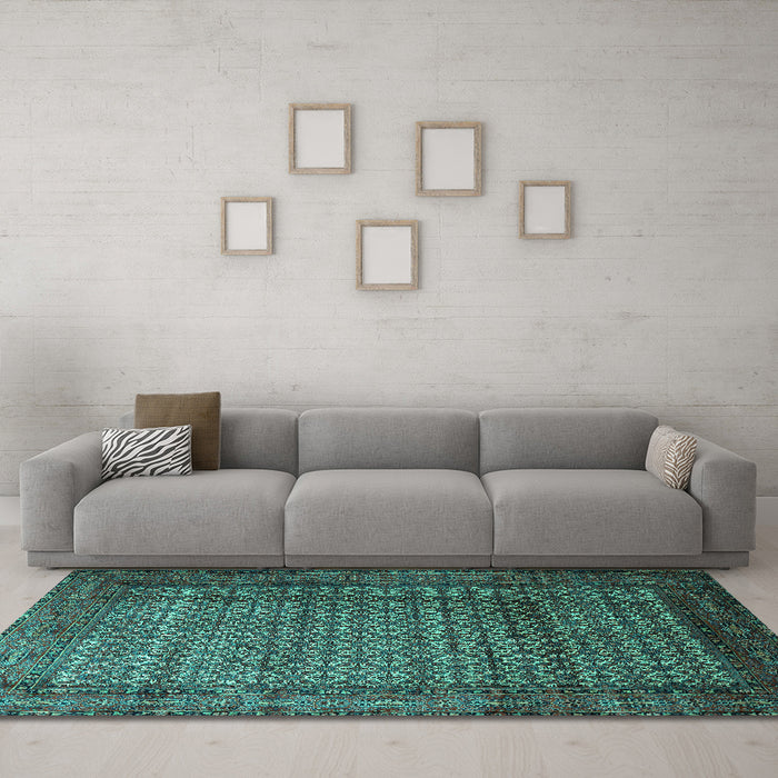 Machine Washable Persian Turquoise Traditional Area Rugs in a Living Room,, wshtr1575turq