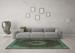 Machine Washable Medallion Turquoise Traditional Area Rugs in a Living Room,, wshtr1576turq