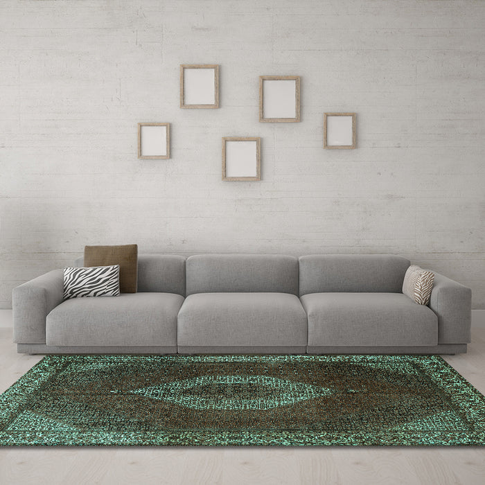 Machine Washable Medallion Turquoise Traditional Area Rugs in a Living Room,, wshtr1576turq