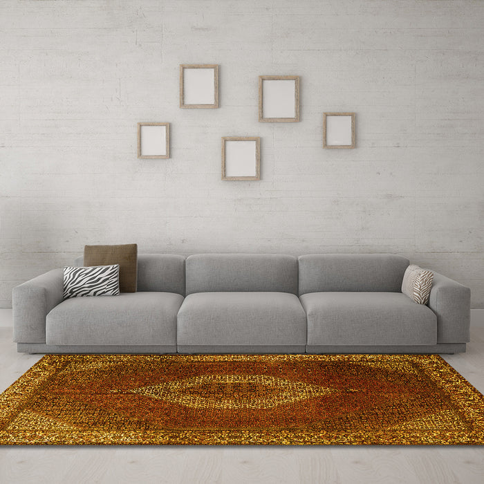 Machine Washable Medallion Yellow Traditional Rug in a Living Room, wshtr1576yw