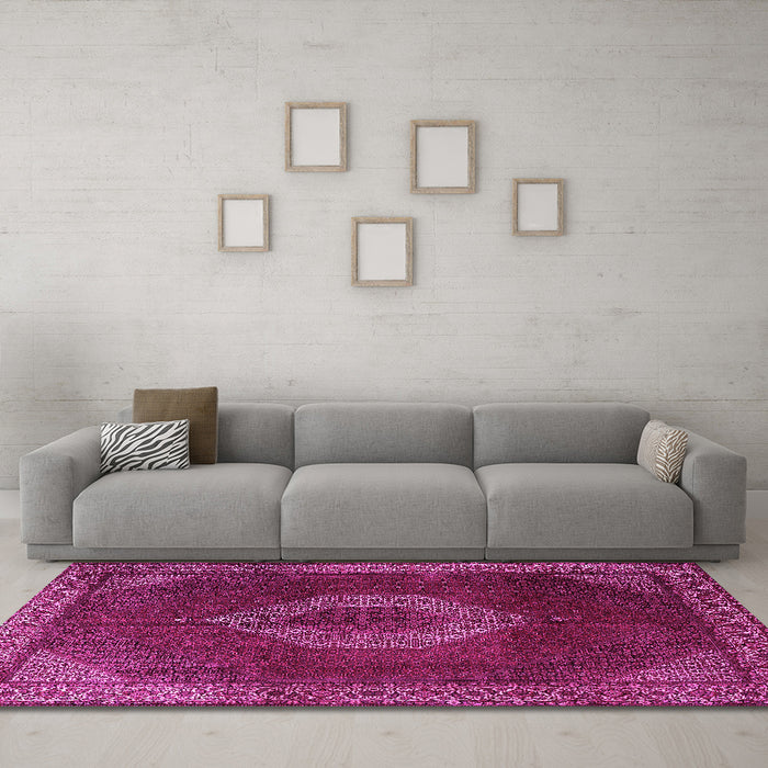 Machine Washable Medallion Pink Traditional Rug in a Living Room, wshtr1576pnk