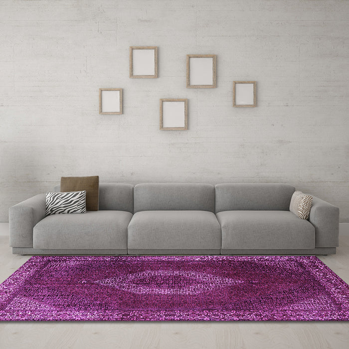Machine Washable Medallion Purple Traditional Area Rugs in a Living Room, wshtr1576pur