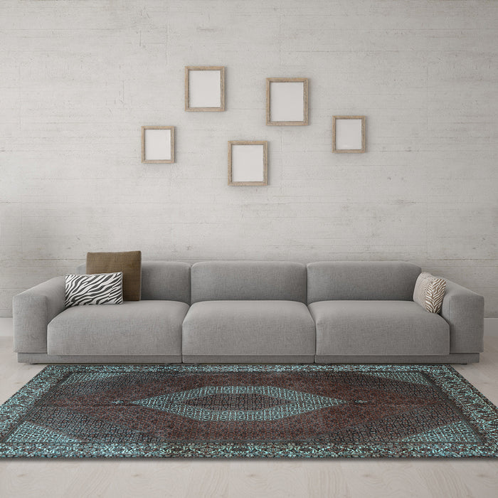 Machine Washable Medallion Light Blue Traditional Rug in a Living Room, wshtr1576lblu