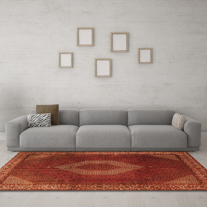 Machine Washable Medallion Orange Traditional Area Rugs in a Living Room, wshtr1576org