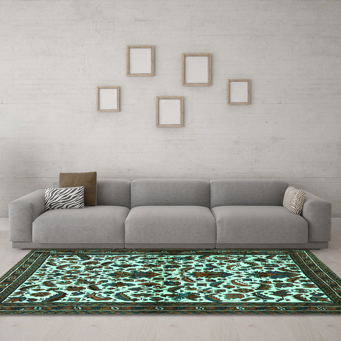 Machine Washable Persian Turquoise Traditional Area Rugs in a Living Room,, wshtr1577turq