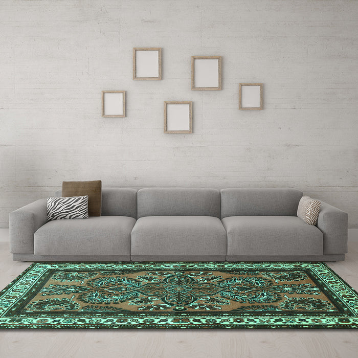 Machine Washable Persian Turquoise Traditional Area Rugs in a Living Room,, wshtr1578turq