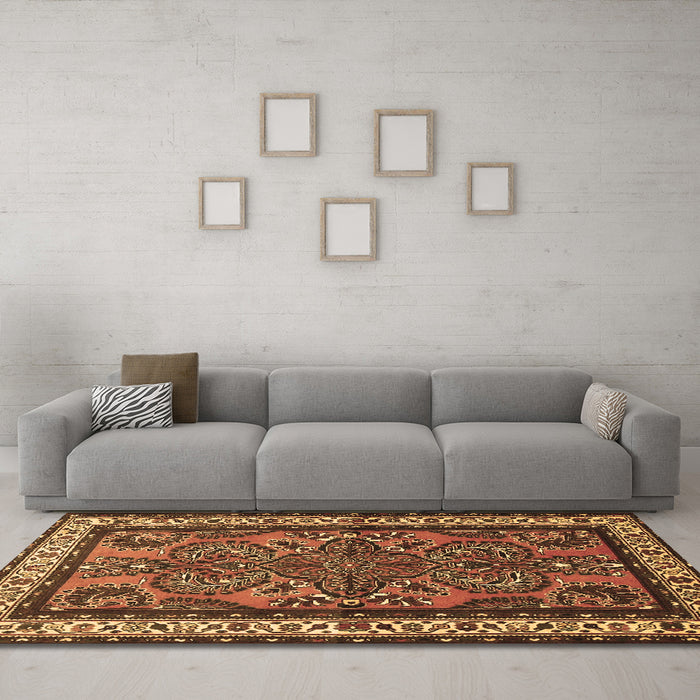 Machine Washable Persian Brown Traditional Rug in a Living Room,, wshtr1578brn