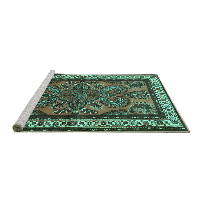 Sideview of Machine Washable Persian Turquoise Traditional Area Rugs, wshtr1578turq