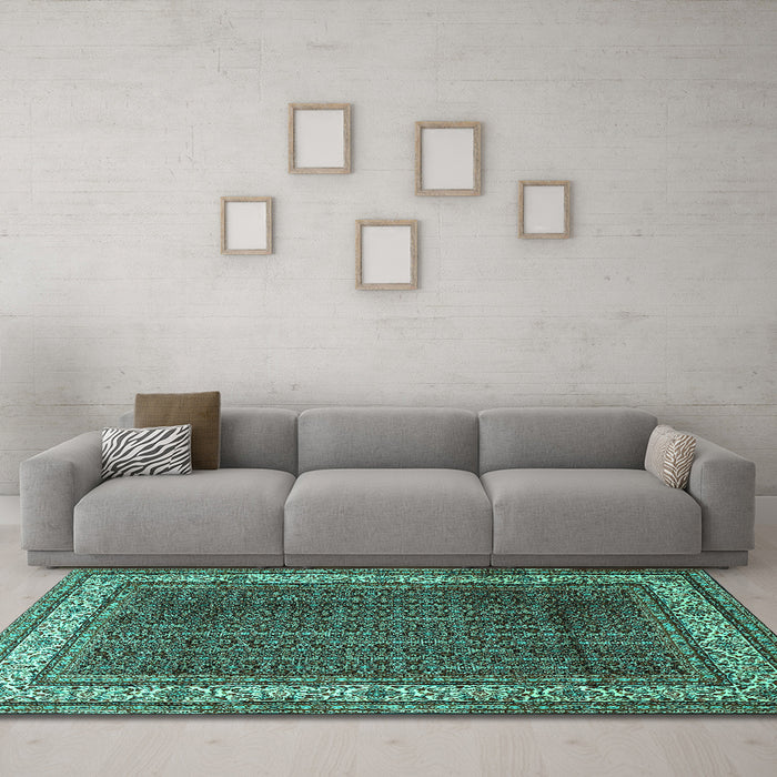 Machine Washable Persian Turquoise Traditional Area Rugs in a Living Room,, wshtr1579turq