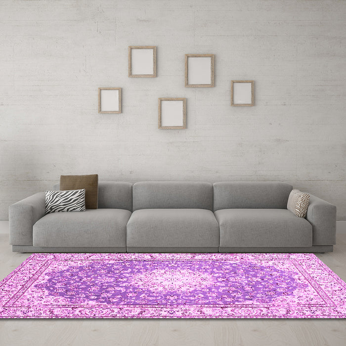 Machine Washable Medallion Pink Traditional Rug in a Living Room, wshtr157pnk