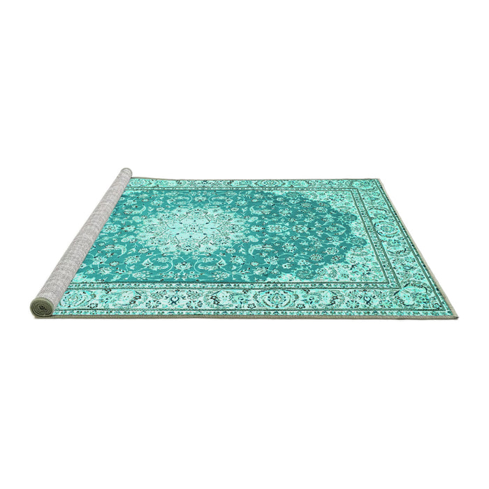 Sideview of Machine Washable Medallion Turquoise Traditional Area Rugs, wshtr157turq