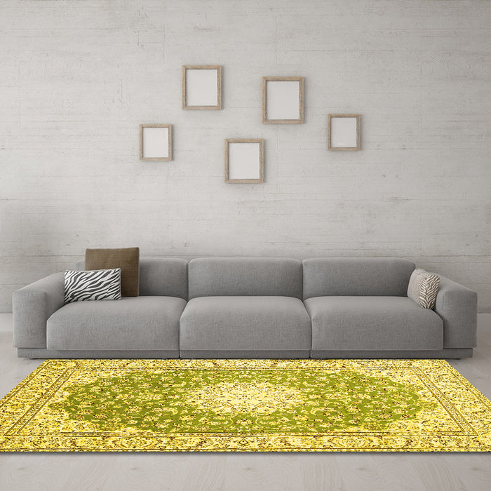 Machine Washable Medallion Yellow Traditional Rug in a Living Room, wshtr157yw