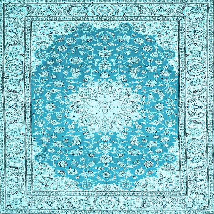 Square Machine Washable Medallion Light Blue Traditional Rug, wshtr157lblu
