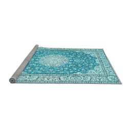 Sideview of Machine Washable Medallion Light Blue Traditional Rug, wshtr157lblu