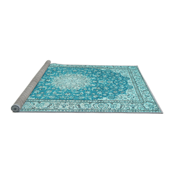 Sideview of Machine Washable Medallion Light Blue Traditional Rug, wshtr157lblu