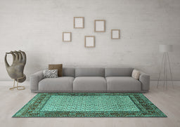 Machine Washable Persian Turquoise Traditional Area Rugs in a Living Room,, wshtr1580turq