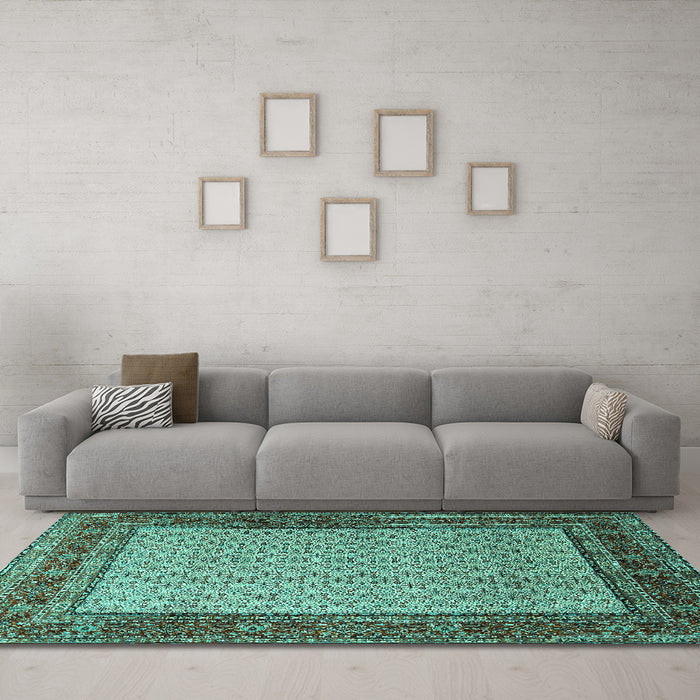 Machine Washable Persian Turquoise Traditional Area Rugs in a Living Room,, wshtr1580turq