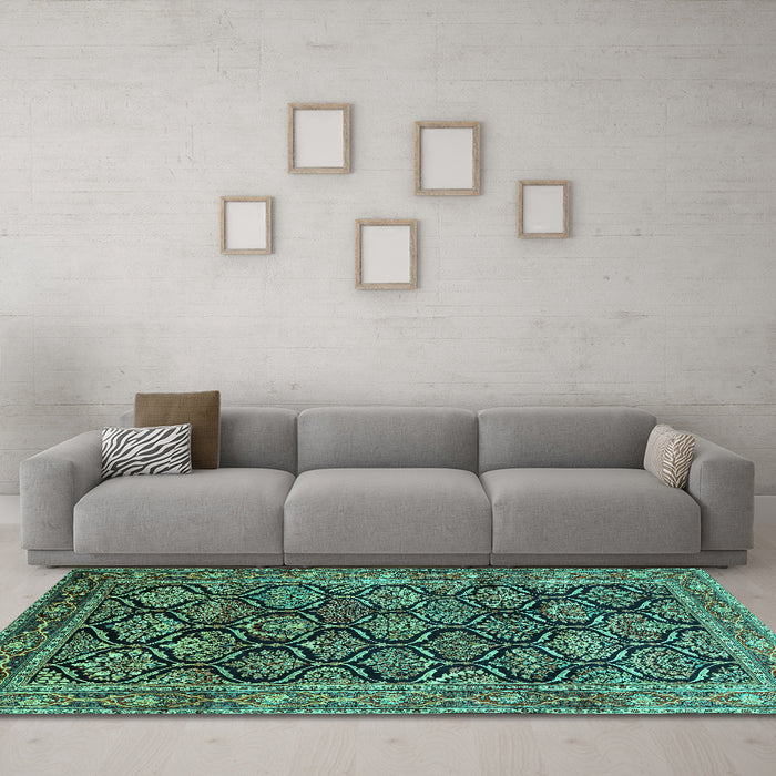 Machine Washable Persian Turquoise Traditional Area Rugs in a Living Room,, wshtr1581turq