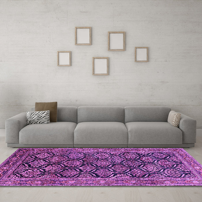 Machine Washable Persian Purple Traditional Area Rugs in a Living Room, wshtr1581pur