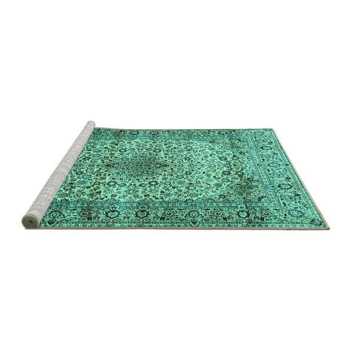 Sideview of Machine Washable Medallion Turquoise Traditional Area Rugs, wshtr1582turq