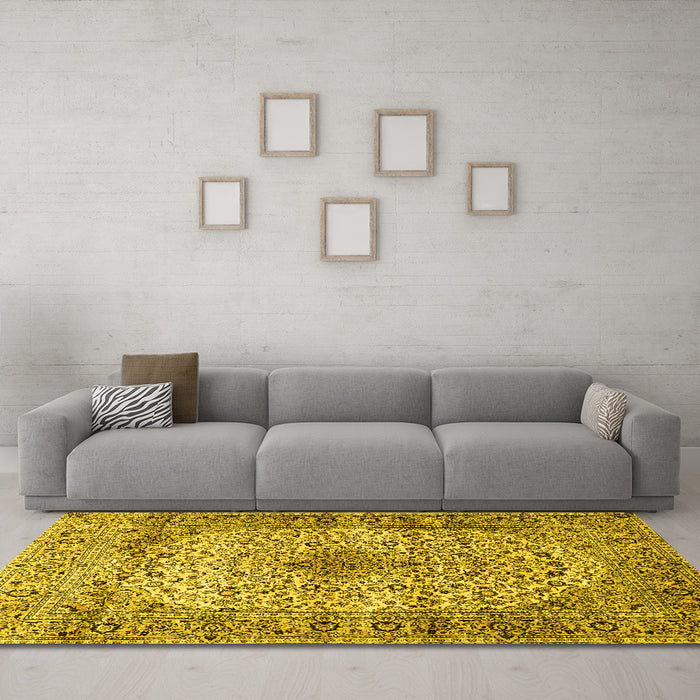 Machine Washable Medallion Yellow Traditional Rug in a Living Room, wshtr1582yw