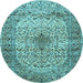 Round Machine Washable Medallion Light Blue Traditional Rug, wshtr1582lblu