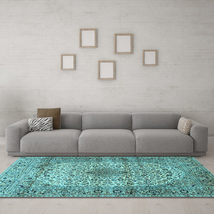 Machine Washable Medallion Light Blue Traditional Rug in a Living Room, wshtr1582lblu