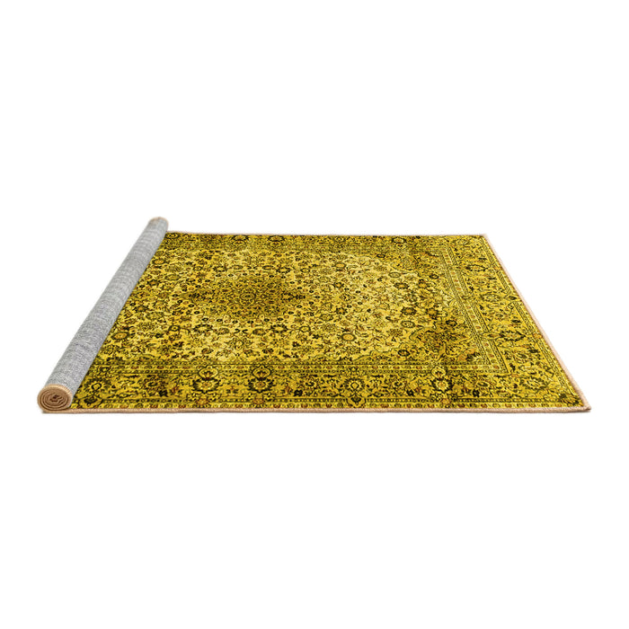 Sideview of Machine Washable Medallion Yellow Traditional Rug, wshtr1582yw