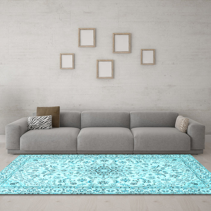 Machine Washable Medallion Light Blue Traditional Rug in a Living Room, wshtr1583lblu