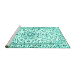 Sideview of Machine Washable Medallion Turquoise Traditional Area Rugs, wshtr1583turq