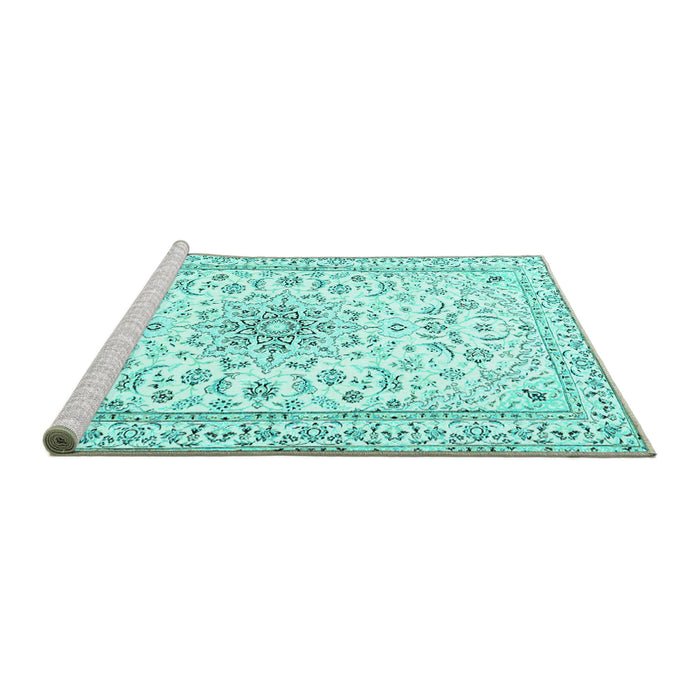 Sideview of Machine Washable Medallion Turquoise Traditional Area Rugs, wshtr1583turq