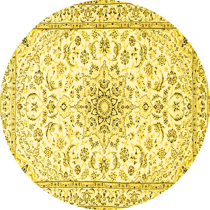 Round Machine Washable Medallion Yellow Traditional Rug, wshtr1583yw