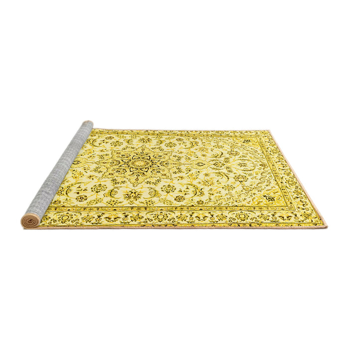 Sideview of Machine Washable Medallion Yellow Traditional Rug, wshtr1583yw