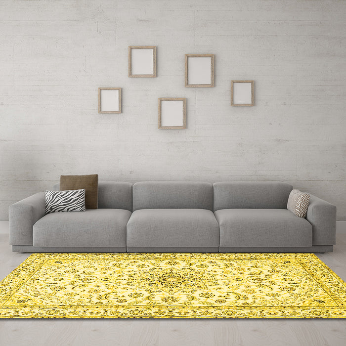 Machine Washable Medallion Yellow Traditional Rug in a Living Room, wshtr1583yw