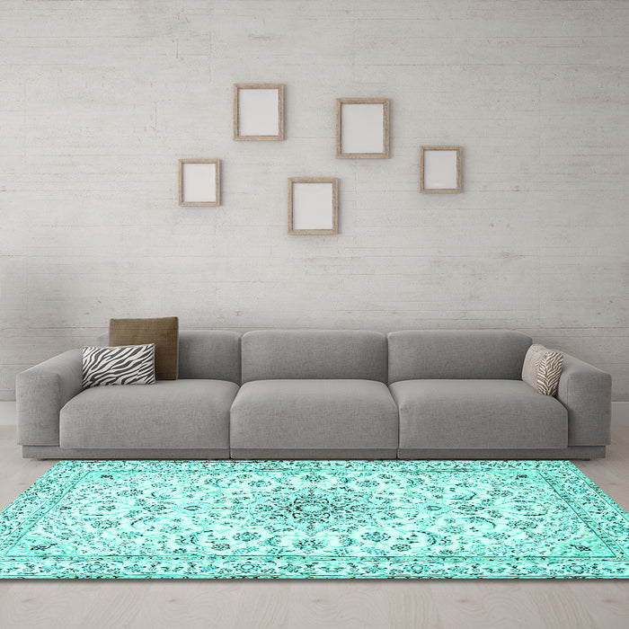 Machine Washable Medallion Turquoise Traditional Area Rugs in a Living Room,, wshtr1583turq