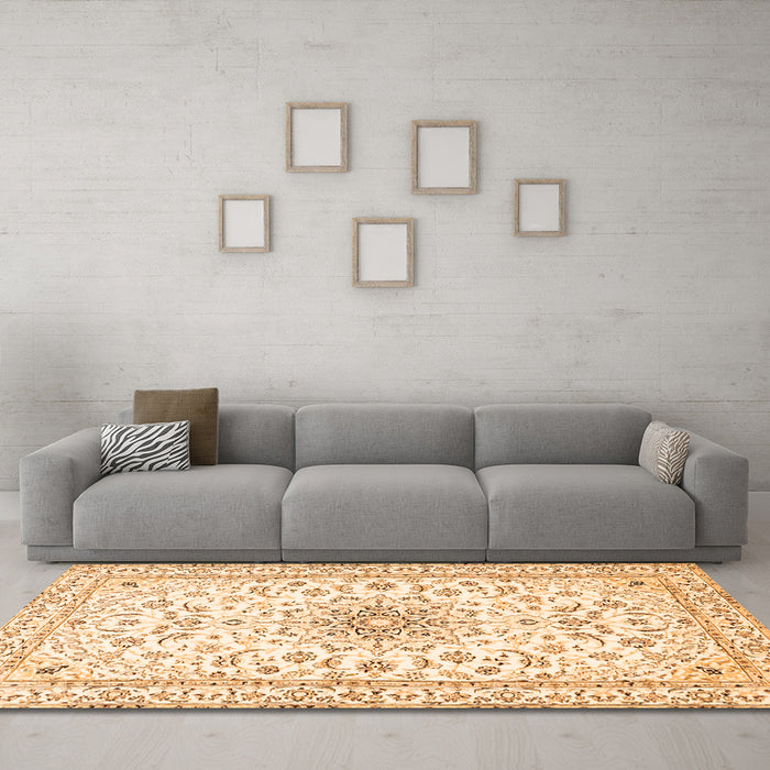 Machine Washable Medallion Orange Traditional Area Rugs in a Living Room, wshtr1583org
